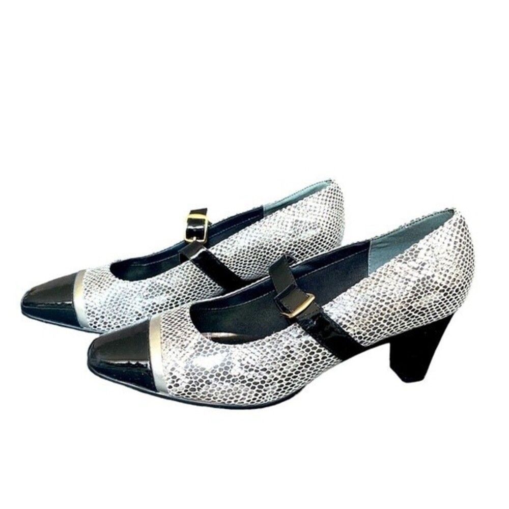 Rose Petals by Walking Cradles Black & Silver Snake Skin Heels Size 7 WW…